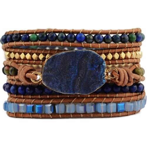 Natural New Women Boho Bracelets Plating color crystal stone Leather Strap Woven Wrap Beads Bracelets
