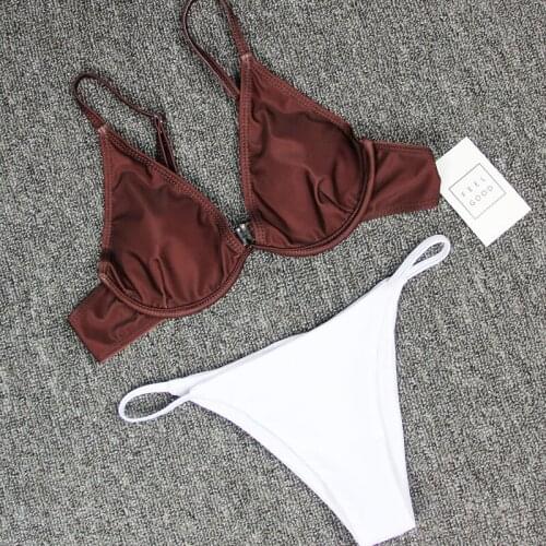 New Solid Print Vintage Low Waist Bikini Sexy Halter Underwire Nylon Summwe Beach Clothes Two-Piece Suits White Bottom Women Hot