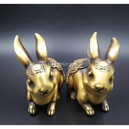 Pair 4'' brass copper sculpture auspicious animal wealth hare rabbit statue