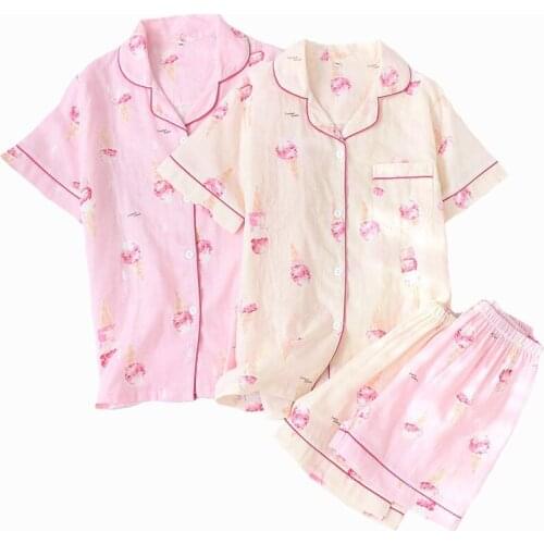Spring And Summer Ladies Pajamas Set Cartoon Ice-Cream Printed Short Sleeve+Shorts 100% Gauze Cotton Sleepwear Comfort Homewear