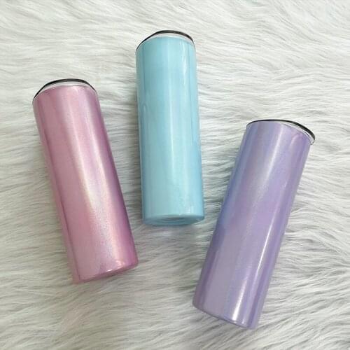 DIY Sublimation Rainbow Glitter Skinny Tumbler 20oz Straight Tumbler With Straw Stainless Steel Insulated Thermos Cups