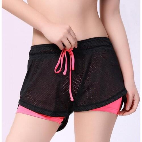 Athletic Shorts Women Double Layer Running Shorts Fake Two Piece Women Mesh Drawstring Shorts Running Short Sports Clothing