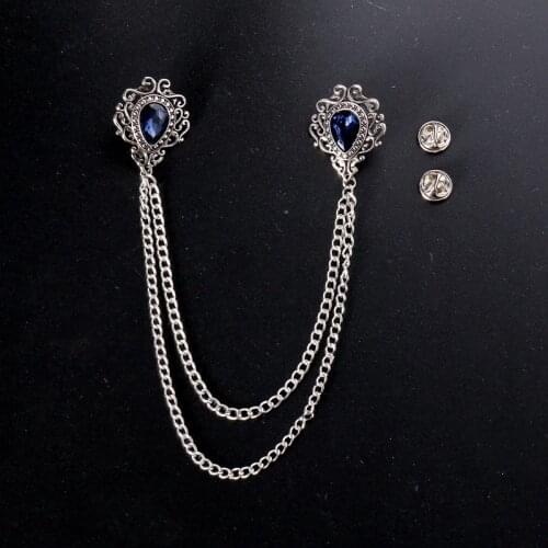 Vintage Badge Crystal Rhinestone Brooches Pins Blue Tassel Chain Suit Shirt Collar Needle Lapel Pin Men Women Fashion Jewelry