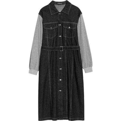 PERHAPS U Spring Casual Pencil Turn Down Collar Long Sleeve Button Denim Shirt Dress Pocket Sash Chic Elegant Patchwork D3024