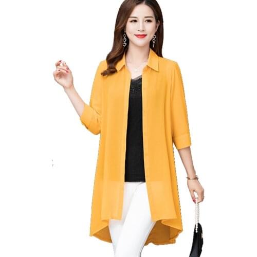 Solid Chiffon Women Shirts 2020 Summer New Turn-Down Collar Long-Sleeved Loose Casual All Match Female Outwear Coat Tops