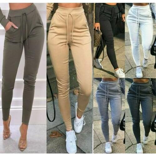 Women Jogger Pants Casual Solid Color Sport Pants Elastic Waist Ankle Cuff Tight Sweatpants with Pocket