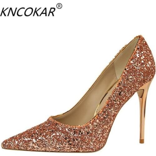 KNCOKAR2018 Womens shoes have high heels and shallow pointed toes Sparkly sequins sexy slim club high heels single shoes