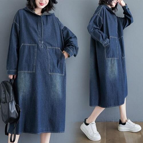Spring Autumn Women Large Size Denim Dress Vintage Hooded Long Sleeve Midi Dresses Woman Casual Loose Big Pockets Jeans Dress