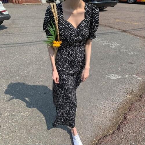 Women Dress Korean Fashion New 2021 Clothes Vintage Square Collar Lace Up Vestidos Slim Fit Print Lantern Sleeve Dresses 857F