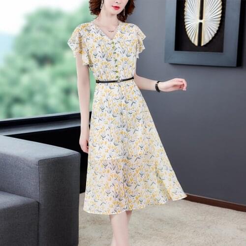 2021 Summer Floral Chiffon Beach V-Neck Midi Dresses Vintage 2XL Plus Size Office Sundress Female Elegant Bodycon Party Vestidos