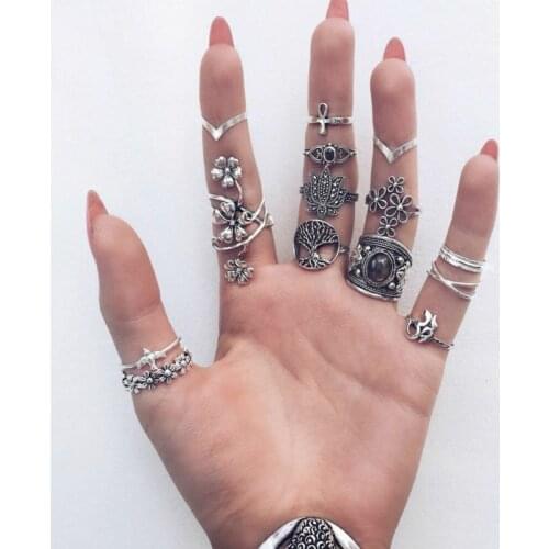 Vintage Color Flower Bird Tree Ring Female Bohemian Knuckle Rings For Women Fashion Jewelry Engagement Ring Set