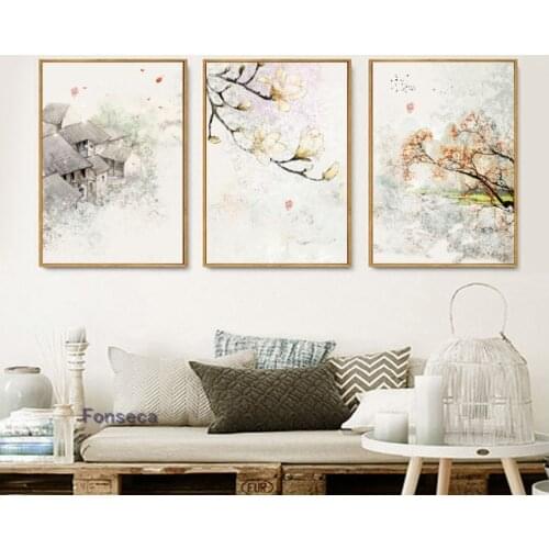 New Chinese Style Ink Floral Wall Art Abstract Picture Ancient Flower House Canvas Painting for Living Room No Frame Poster
