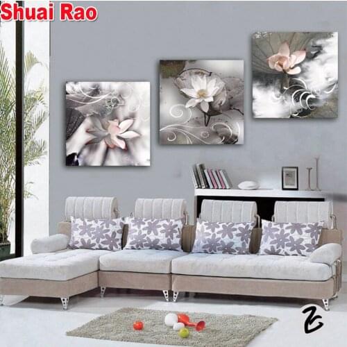 5d Mosaic Diamond Painting Vintage Flowers Lotus Art Modern Home Decoration Triptych Art diamond Embroidery full square