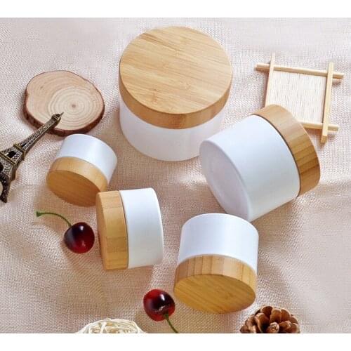White Jar Bamboo Lid Bamboo Cosmetic Jar With Bamboo Lid Cosmetic White Luxury 30g 50g 100g PP Plastic Cream Jar With Bamboo Lid