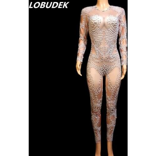 Pearl Crystals Elastic Leotard Women Long Sleeve Skinny Rhinestones Jumpsuit Club DJ Singer Bar Party Stage Pole Dance Costumes