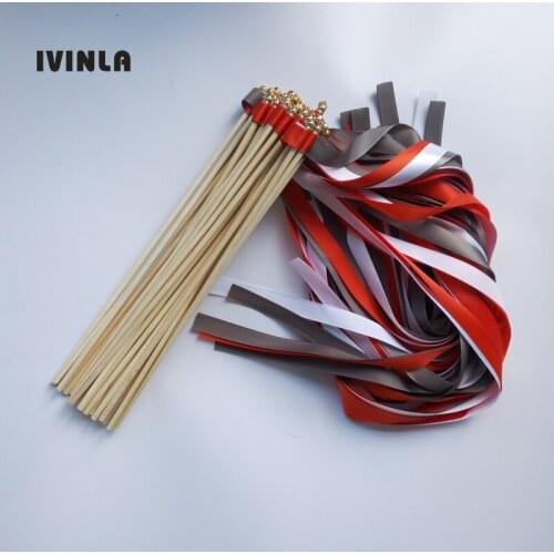 Hot selling 50pcs/lot grey orange and white wedding ribbon wands stick with gold bell for wedding party