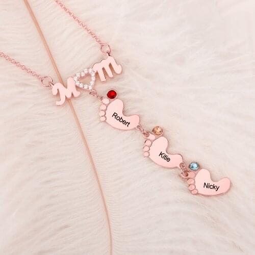 Classic Personalized 925 Silver Mom Necklace For Womens Charm Foot Jewelry With Birthstone Custom Name Pendant Mothers Day