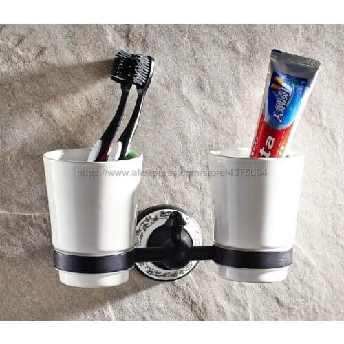 Black Oil Rubbed Brass Wall Mounted Toothbrush Holder with Two Ceramic Cups Nba291