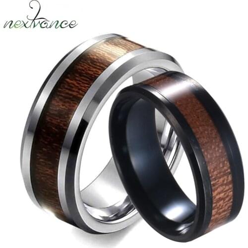 Nextvance Tungsten Wood Inlay Ring 8mm Wedding Band Beveled Rings For Women Men Promise Jewelry