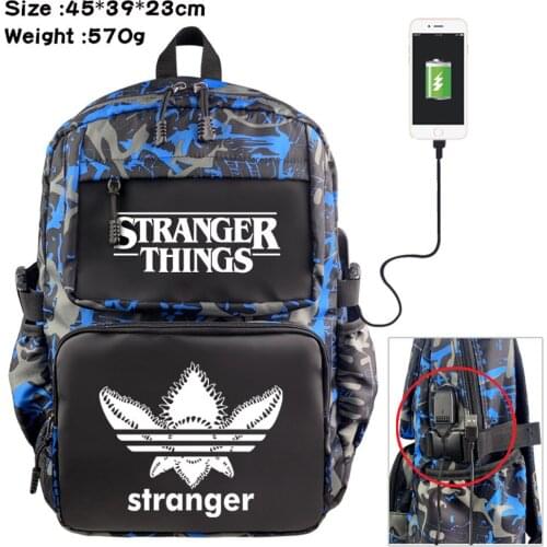 Anime Stranger Things Nylon USB Backpack Schoolbag Student Casual Cartoon Teenger Travel Knapsack Laptop Bag Zipper Bookbag