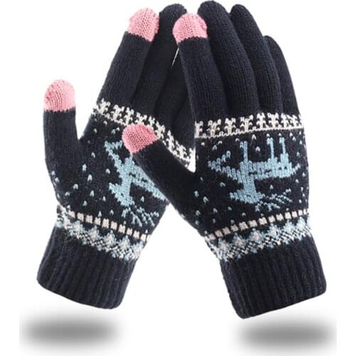 Autumn Winter Women Faux Wool Knit Touch Screen Driving Glove Female Cute Cartoon Deer Knitted Full Finger Warm Mitten H50