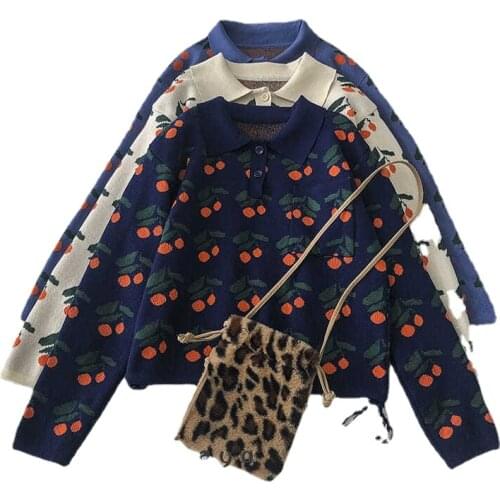 Turn-Down Collar Floral Short Sweater Women Long Sleeve Button Jumper Autumn Fall Knitted Coat Pullover Lace Up Harajuku Sweater