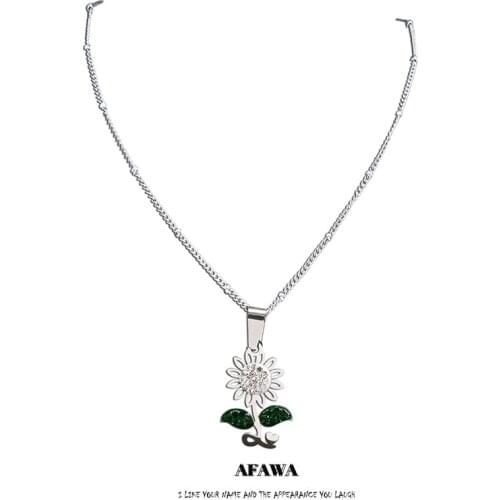 Stainless Steel Green White Crystal Sun Flower Charm Necklaces Women Silver Color Necklaces Small Jewelry girasol N4903S01