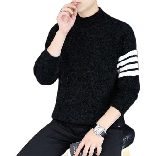 Casual Mens Sweater O Neck Stripe Slim Knit Jumper Autumn Winter 2021 Mens Semi-Turtleneck Gold Mink Classic Sweater 3XL