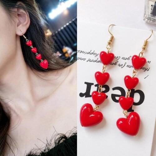 Romantic Love Heart Pendant Long Tassel Earrings Red Peach Heart Drop Earrings For Women Girls Party Gift Wholesale