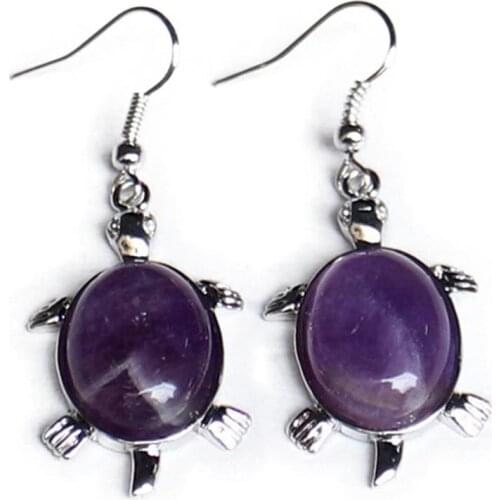 Silver Plated Tortoise Shape Amethysts Stone Dangle Earrings for Women Rose Pink Quartz Animal Jewelry