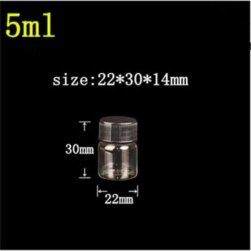 22*30*14mm 5ml Glass Bottles With Plastic Lid Transparent Empty Glass Gift Bottles Jars Black Cap 100pcs/lot