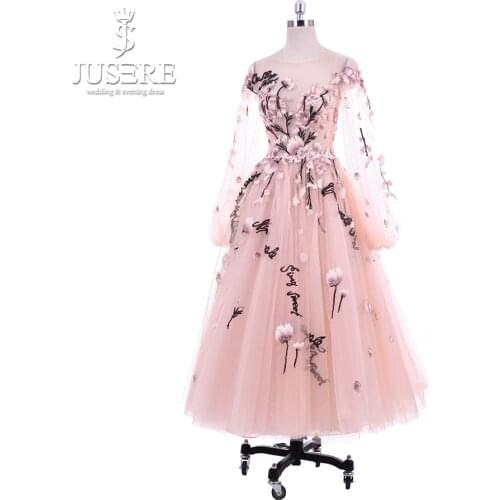 Vintage Tea Length Reception Dress Flowers Embroidery Long Sleeve Evening Dresses