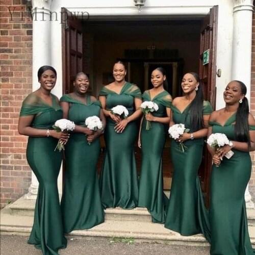 YiMinpwp Dark Green Mermaid Bridesmaid Dresses Off Shoulder Sweep Train Pleats South African Wedding Guest Party Gowns