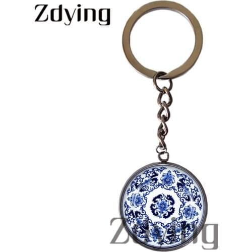 Zdying Blue And White Porcelain Chinese Style Key Chain Glass Cabochon Picture Dome Keyrings Charm Pendant Charm Jewelry QH068