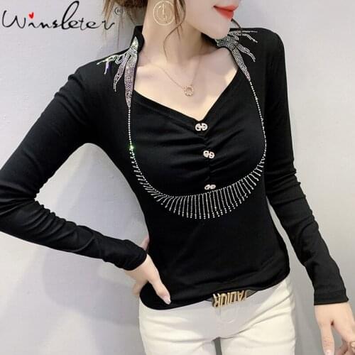 Spring Fall European Clothes Cotton T-Shirt Fashion Sexy V-Neck Drape Button Shiny Diamonds Women Tops Long Sleeve Tees T18716A