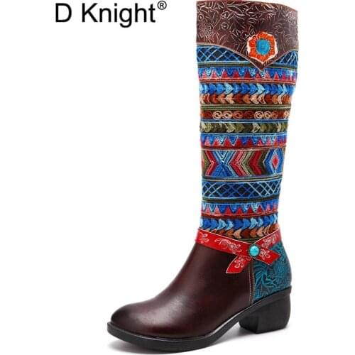 Women Cow Leather Boot Shoes 2019 Spring Autumn Ladies Mid-Calf 4cm Heels Shoes Fashion Bohemia Genuine Leather Boots Large Size