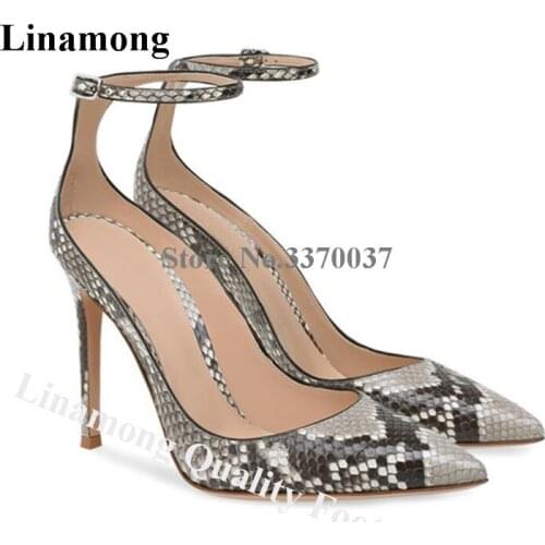 Linamong Women Elegant Snake Leather Stiletto Heel Pumps Ankle Strap Classical Style High Heels Formal Dress Shoes Big Size