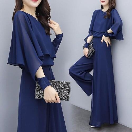 New Summer Womens Set Tracksuit Batwing Sleeve Ruffles Wide Leg Pants Suit Two Piece Set Office Lady Outfits Chiffon M-3XL