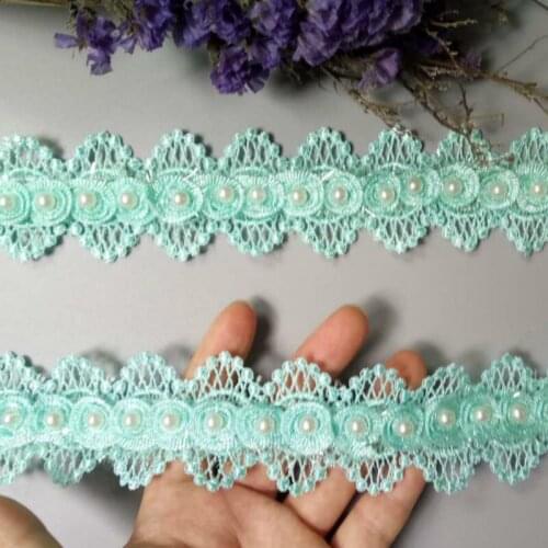 2 yard Green Pearl Beaded Flower Embroidered Lace Trim Ribbon Floral Applique Patches Wedding Dress Fabric Sewing Craft 4cm