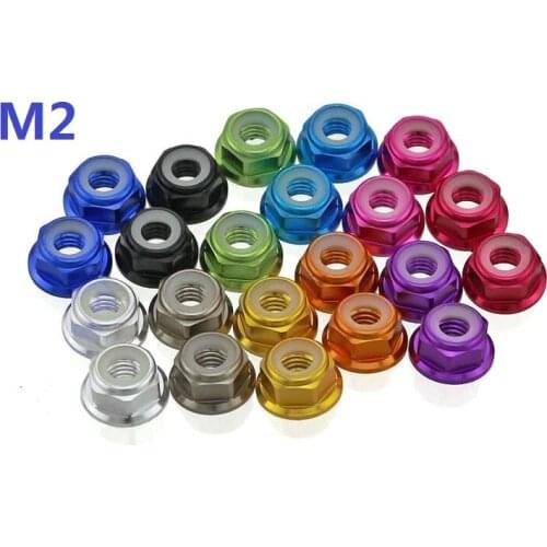 50pcs/lot High Quality M2 Colourful Anodized Silver/Black/Deep blue/light blue/red Aluminum Alloy Flange Nylon insert Lock Nuts