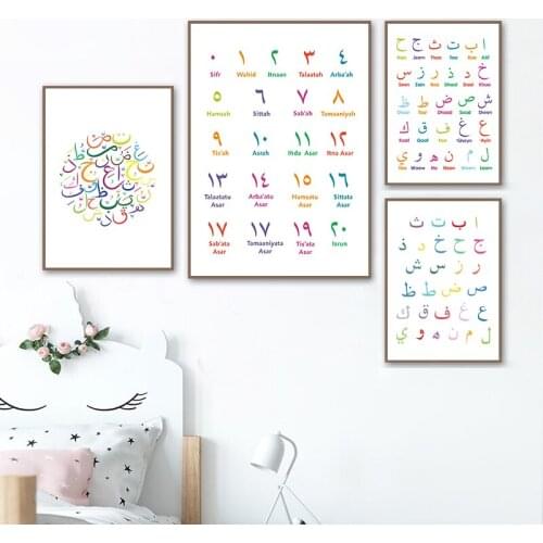 Arabic Islamic Wall Art Canvas Painting Arabic Letters Alphabets Numerals Poster Prints Nursery Kids Room Wall Art Decor