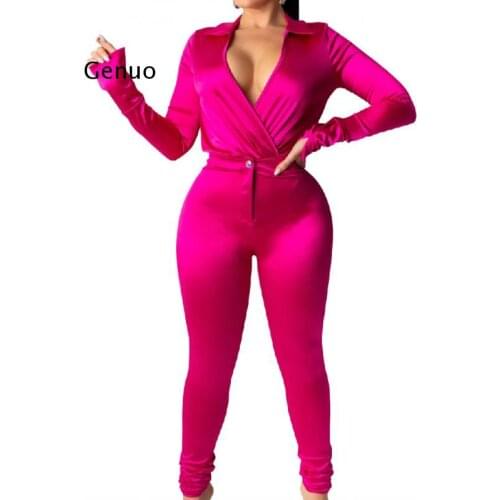 Satin Silk Sexy Two Piece Set Women Deep V-Neck Crop Top +Pants 2 Piece Set Bodycon Bandage Suits Casual Ol Wear