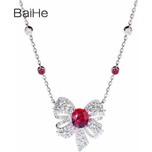 BAIHE Solid 18K White Gold Certified Oval cut 1.4ct No main stone Women Trendy Fine Jewelry Side Stone: Diamonds+Rudis Necklaces