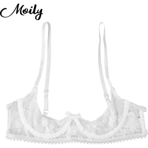 Women Exotic Lingerie Sheer Lace Transparent Bra Top Adjustable Spaghetti Straps Open Bra Bralette Underwired Open Cups Sexy Bra