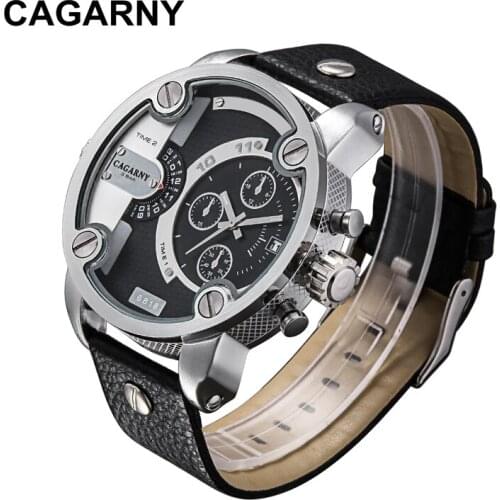 Cagarny Watches Men Luxury Brand Leather Strap Quartz Dual Time Zone Analog Date Men Sports Russian Military Oversize Wristwatch