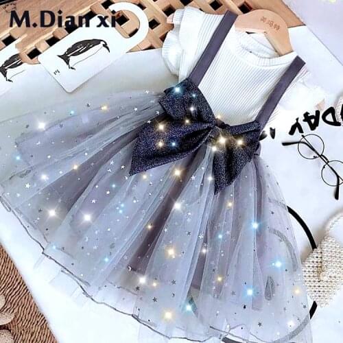 Baby Toddler Children Princess Dress White Tops Bow Sequined Star Dress 2pcs Kids Clothing Set Summer Girls Dress Outfits