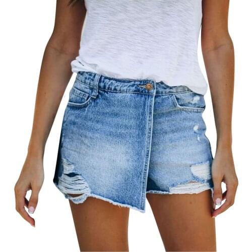 Women Light Blue Hole Jeans Denim Shorts Womens Casual Fashion Insert Pockets Sexy Personality Ultra-short Denim Shorts L3