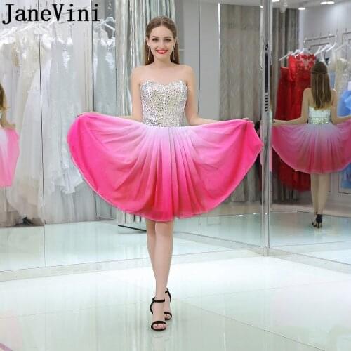 JaneVini 2019 Sexy Short Homecoming Dresses Peach Pink Gradient Chiffon Sequins Formal Dress Knee Length Party Gown robe courte