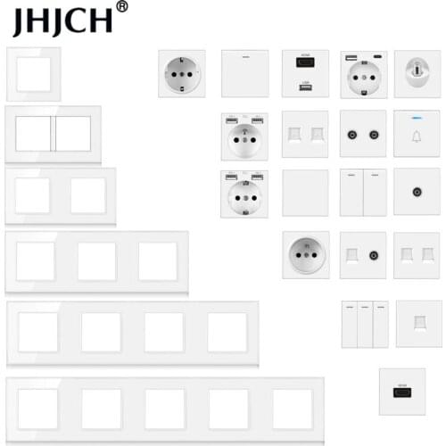 Jhjch wall-mounted diy module European standard white tempered crystal glass panel socket led light switch button function combi