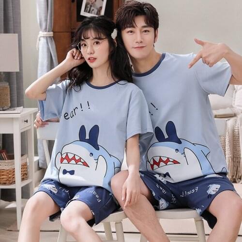 Summer Knitted Cotton Pajamas Set Women Short Sleeve Cartoon Anime Print Sleep&lounge Homewear Men 3XL Couple Matching Nightwear
